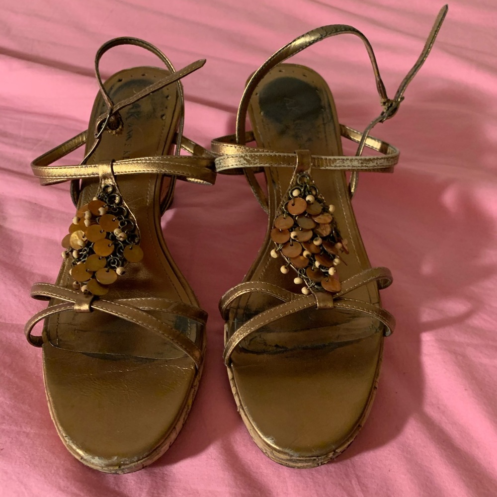 Anne Klein tan beaded wedges